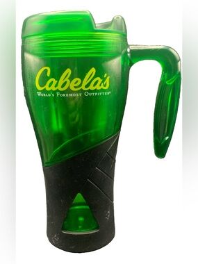 New NOS Cabela's World's Foremost Outfitter Travel Mug Tumbler Green Black